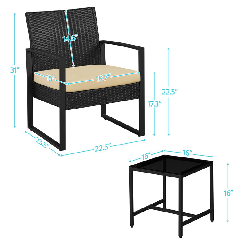 Bowmore 3-Piece Patio Furniture Set with Rattan Cushioned Chairs & Metal Table, Khaki