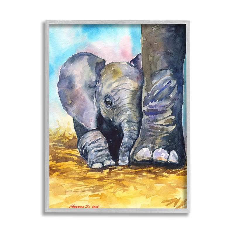 «Baby Elephant at Feet» par George Dyachenko - peinture sur toile tendue, H 14 po x l 11 po, Estampe numérique Farmhouse