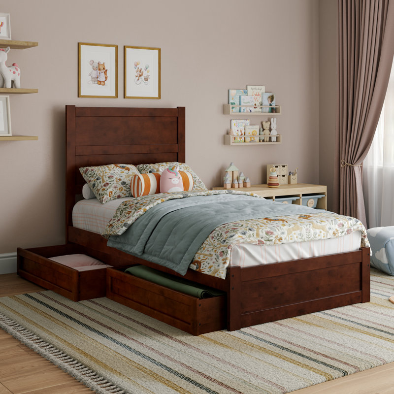 Lit plateforme avec tiroirs de rangement en bois Aveline, Lit simple, Noyer
