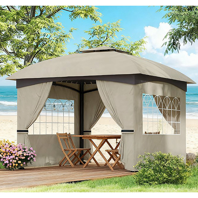 Double Roof Patio Gazebo,Elegant Design Gazebo,with Curtains,Church Windows,for Outdoor, Light Gray