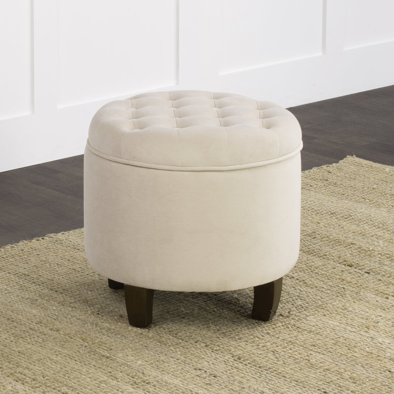 Round Button-Tufted Storage Ottoman, Natural Velvet