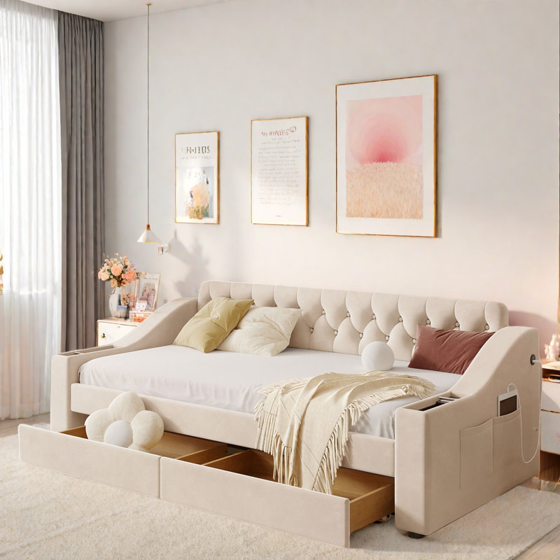 Upholstered Daybed With Storage Armrests, Usb Ports, Side Pockets, 2 Drawers And Button Tufted Design, Beige