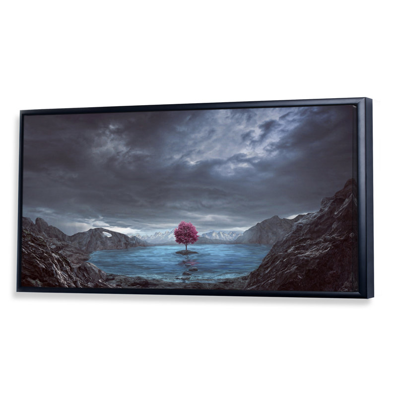 Un seul arbre rose au milieu du lac - photographie sur toile, Cadre noir, H 8 po x l 12 po x P 1 po