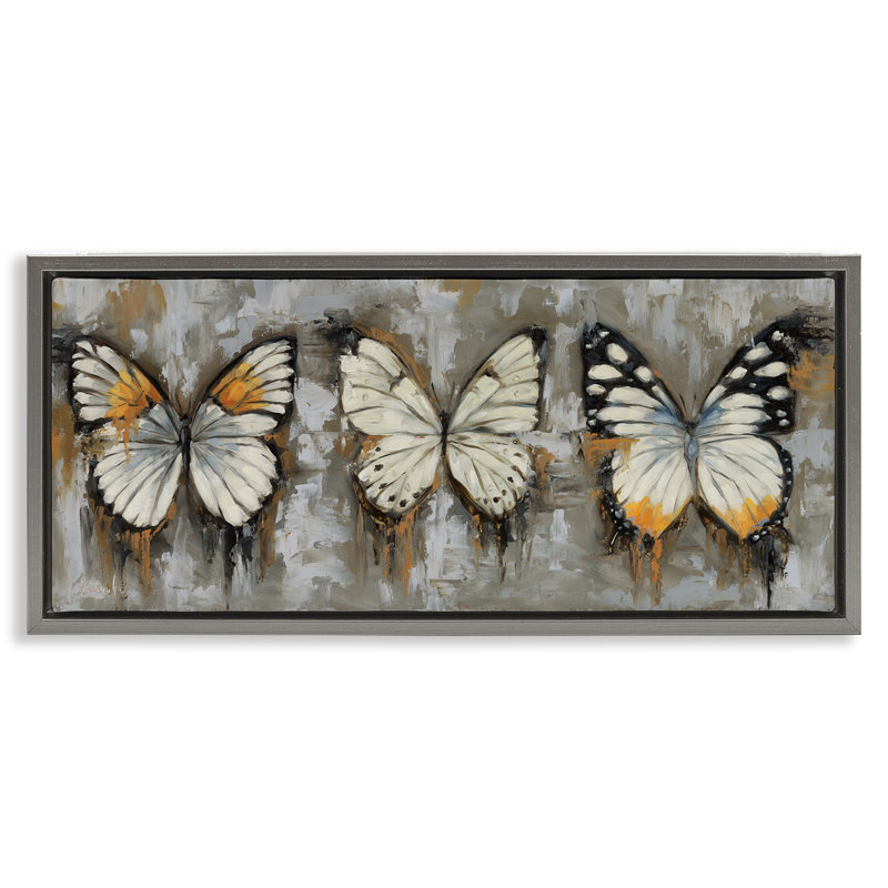 Art mural sur toile stylisée, "Modern Butterflies" par Sara G. Designs, Cadre flottant gris lustré, H 14 po x l 31 po
