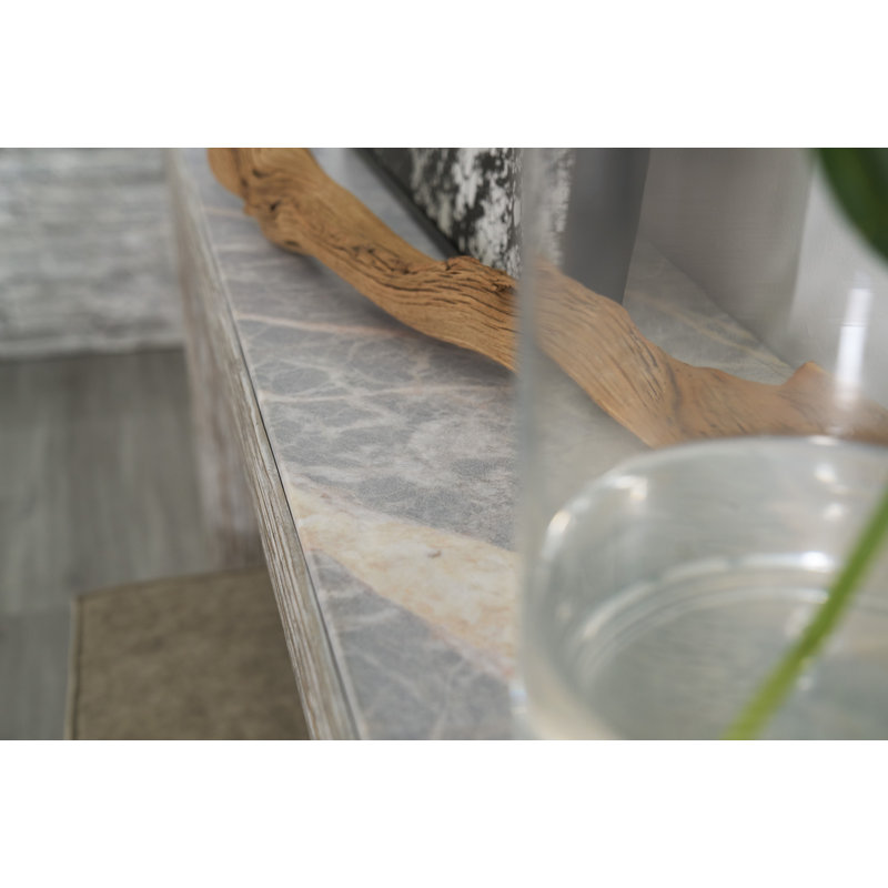 Gray Pecan Wood and Crema Marble Console Table with Storage