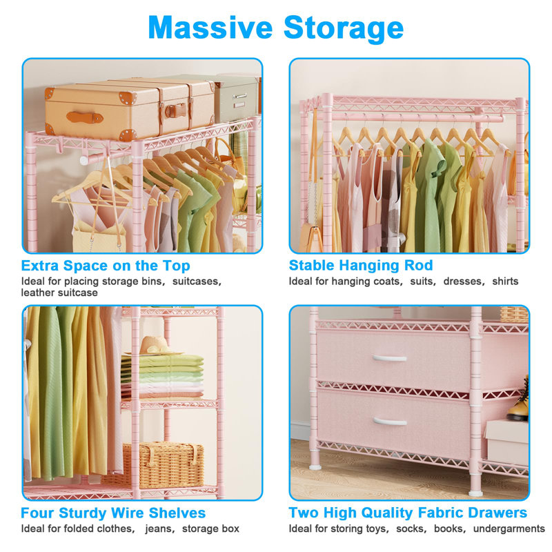 Pink Carbon Steel Portable Clothes Rack with Fabric Drawers