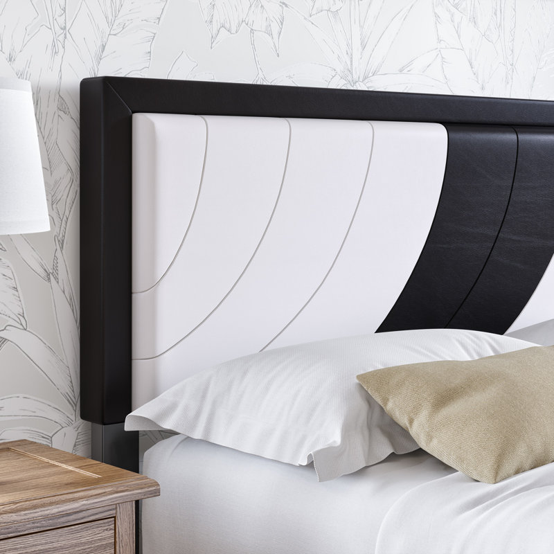 Lit plateforme tapissier avec tête de lit Boyda Sleep Bree, Noir et blanc, Grand