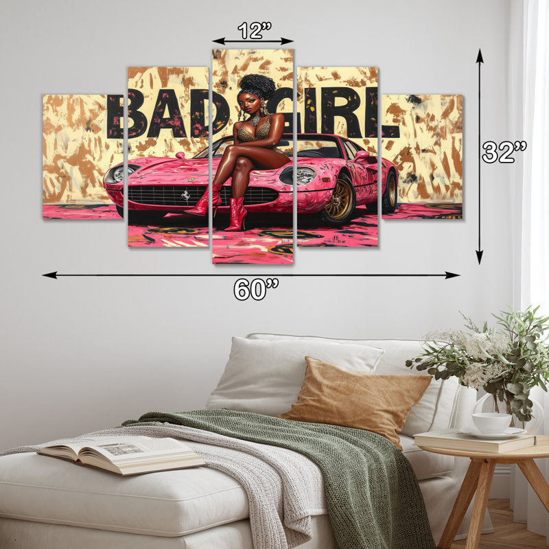 Ensemble de salon art mural doré et rose Bad Girl