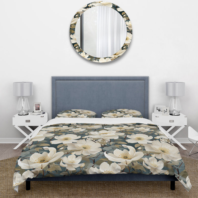 Ensemble de housse de couette fleurs blanches et vertes, Housse de couette pour très grand lit et 2 très