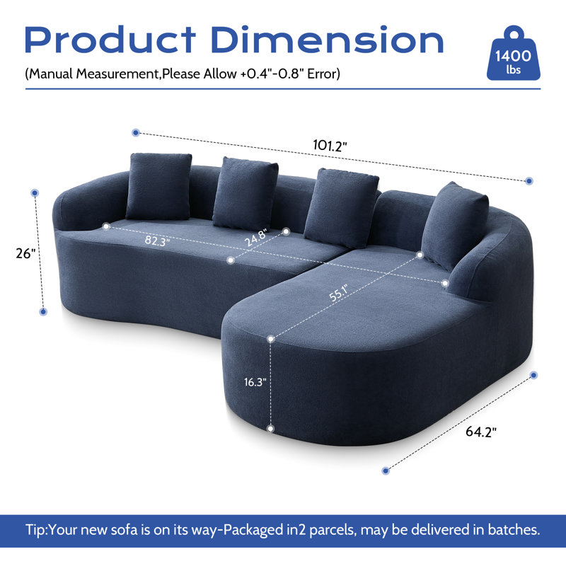 Boneless 101" Modern Chenille Cloud Sectional Sofa With L-Shaped Chaise, Deep Seat Modular Couch For Living Room, No Assembly
