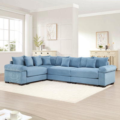 Felder L-Shaped Corduroy Sectional Sofa with Throw Pillows & Deep Seating
