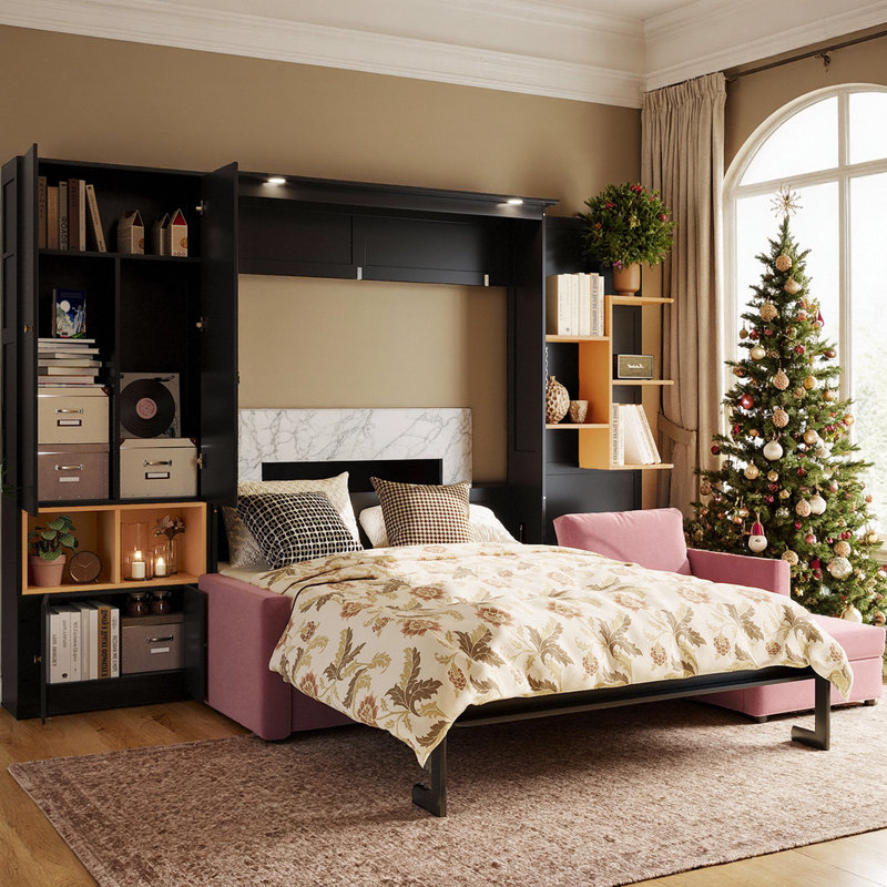 Queen Murphy Wall Bed With Sofa Storage Shelves & Cabinets Dual Lighting, Black