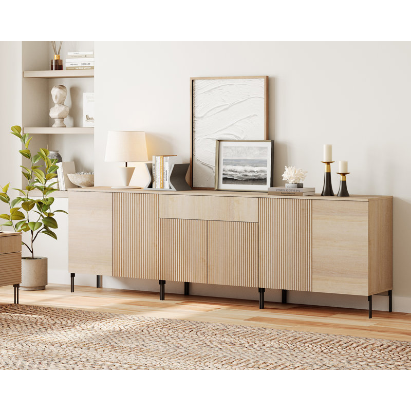 94.5" Reeded Accent Cabinet Set With Doors And Drawers, Modern Credenza Storage Cabinet With Adjustable Shelves For Living Room, Kitchen, Dining Room, Hallway