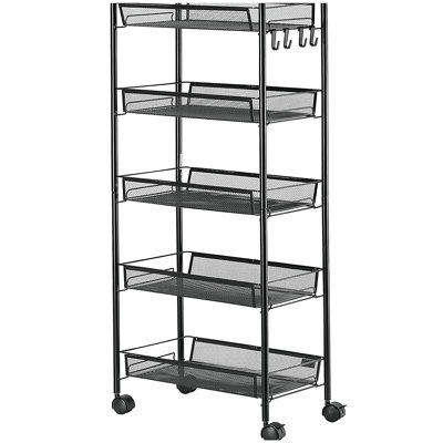 5-tier multi-functional rolling cart, metal storage cart, kitchen cart with removable grid baskets, suitable for living room, laundry room, garage, and bathroom, black