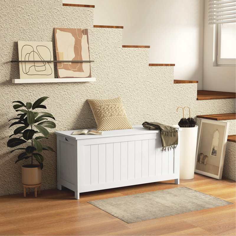Coffre de rangement 39,4 po avec 2 charnières de sécurité, boîte en bois, Blanc