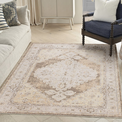 Haydel Oriental Machine Washable Power Loom Polyester Area Rug in Beige