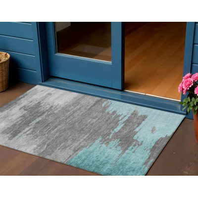 Tapis d'extérieur lavable abstrait bleu sarcelle 3 pi x 5 pi bleu et gris