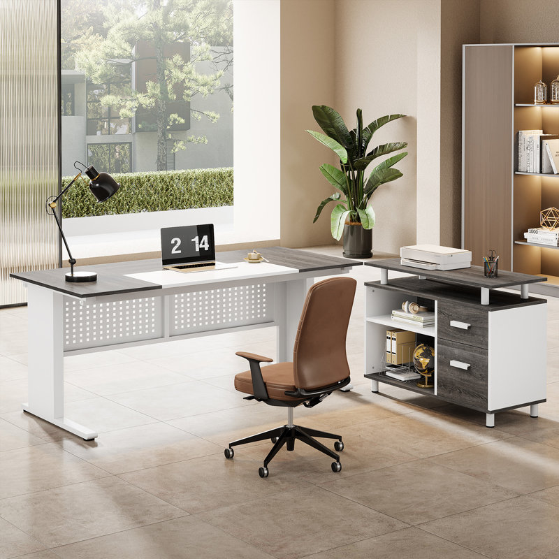 Bureau de direction 63 pouces avec classeur, grand bureau d'ordinateur avec tiroirs et tablettes de rangement, Gris / Blanc