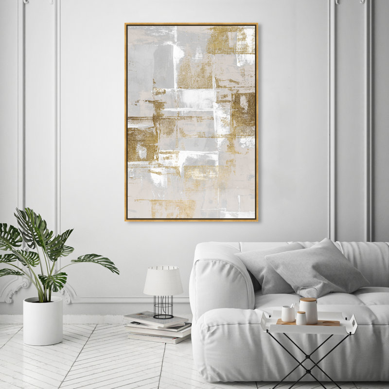 Abstrait fraîchement peint, gris glamour - Peinture, Encadrement doré, H 54 po x l 36 po