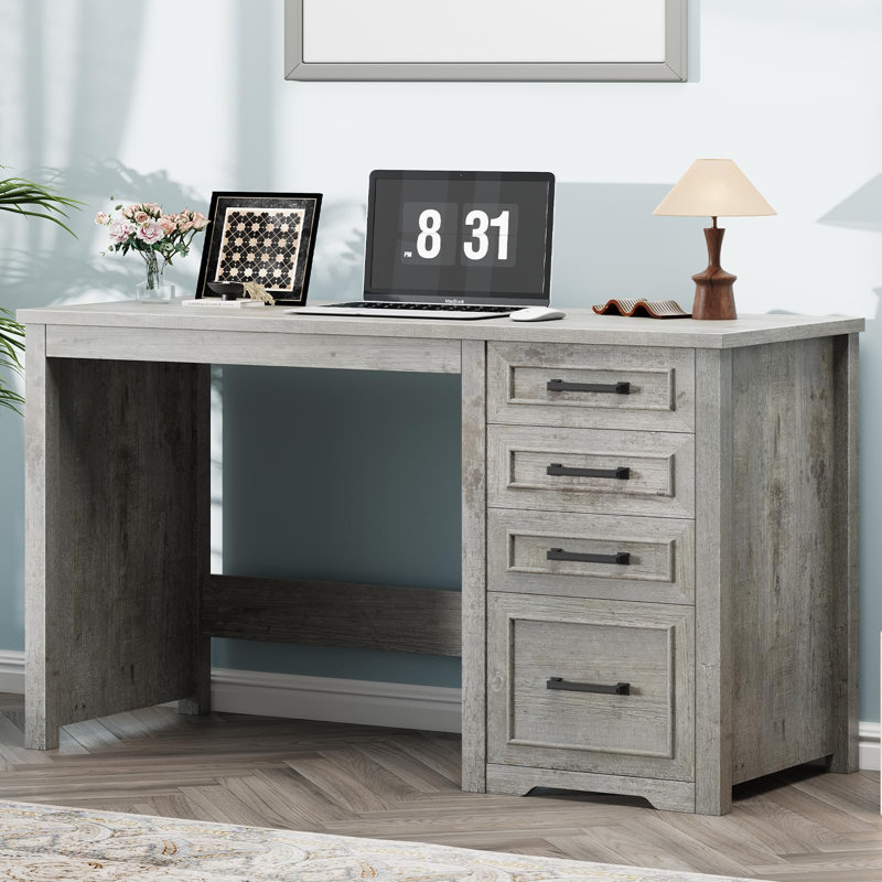 Farmhouse 49” Executive Desk With File Drawer, 4 Drawers Reversible Computer Desk, Gray