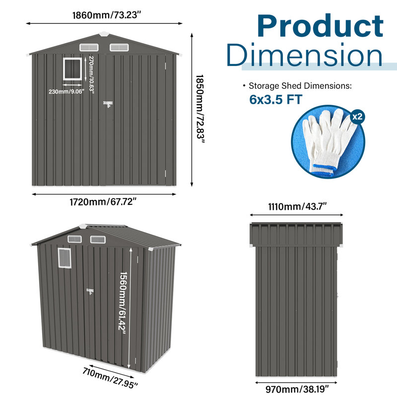 3.5Ft By 6X Metal Storage Shed In Gray, With Skylight Window And Wind - Structure, Ideal For Garden, Backyard, Patio, Quick & Effortless Setup Outdoor Peaked Roof, Lockable Door, Ventilation Holes,