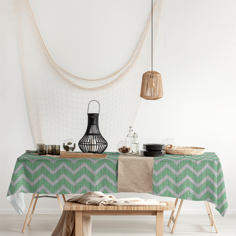 Stephenie Classic Hand Drawn Chevrons Tablecloth, Green/Grey/White