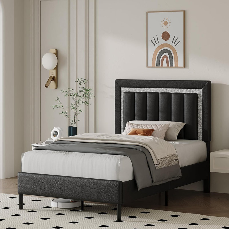 Faux Leather Upholstered Bed with Diamond Vertical Stripe Design, Twin, Black