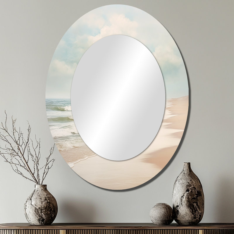 Minimalisme plage paysage VI - miroir mural ovale blanc, 40 po x 30 po