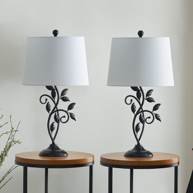  Grinstead 27" Tradition Unique Leaf Design Metal Table Lamp with 3-Way Dimmable Lightingand White Shade, White