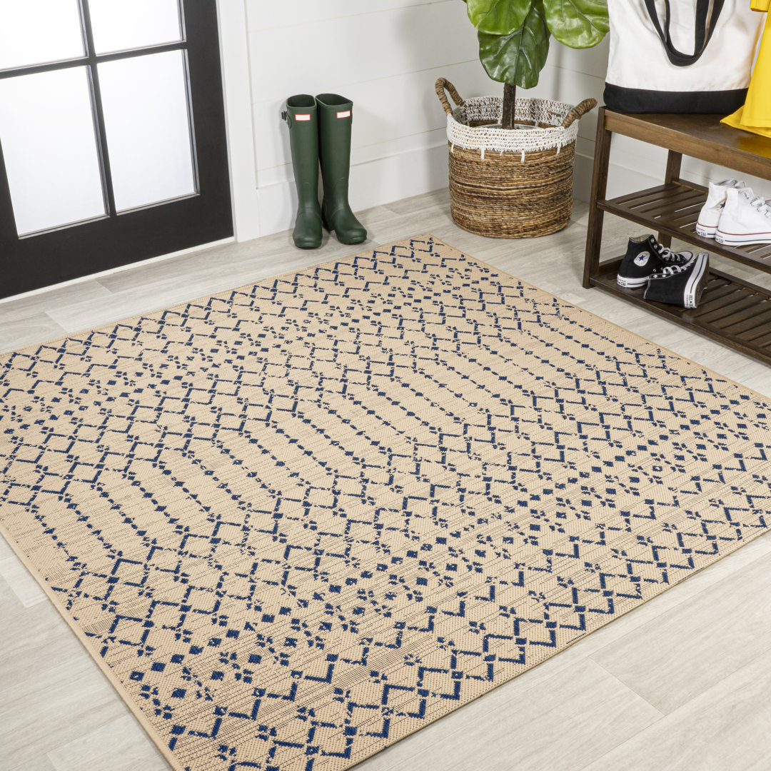 Krystina Moroccan Geometric Textured Weave Beige/Navy Indoor/Outdoor Rug Dakota Fields Rug 