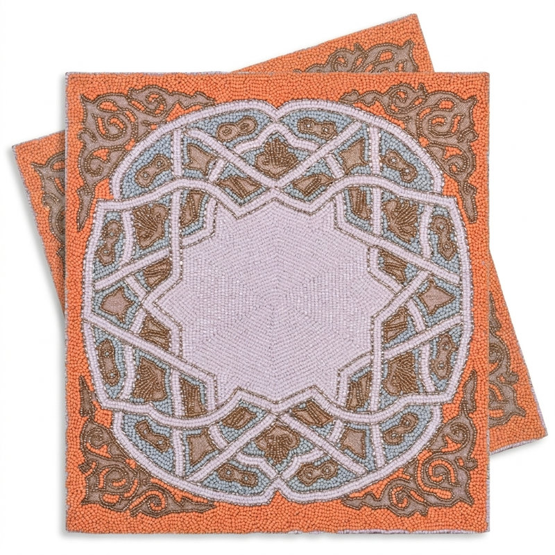 Ensemble de 2 napperons perlés carrés brodés Poudre avec dossier en satin pour table de salle à manger et décoration de Noël