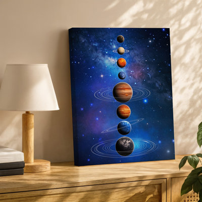 Toile, création d'une illustration cosmique mettant en vedette un alignement vertical d'organes d'art mural célestes, y compris diverses planètes et lunes, art mural sur toile
