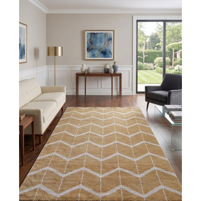 Or | Tapis d'intérieur beige géométrique en laine noué à la main
