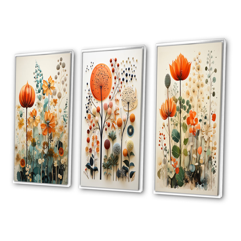 3 pièces sur toile - Botanicals Mid-Century colorés Mid-Century, Cadre flottant blanc, H 40 po x l 60 po