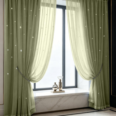 Kbndieu No Drill Magics Tape Star Cutout Blackouts Curtains Double Layer Sheer and Blackouts Thermal Insulated Window Curtains for Bedroom Living Room
