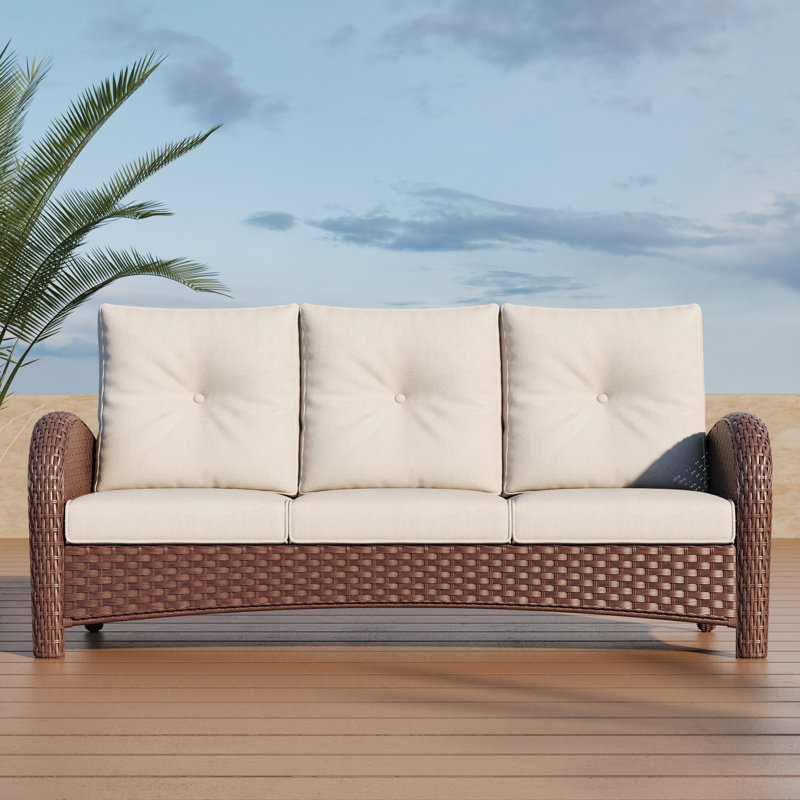 184.9cm Wide Metal Patio Sofa with Cushions, Beige, Brown