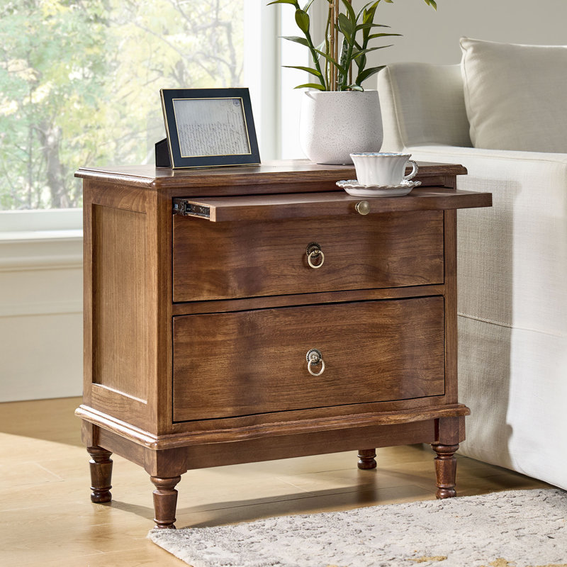 Elfine Traditional 26''W 2-Drawer Solid Wood End Table with Built-In Outlet and Curved Drawer Fronts, Cherry