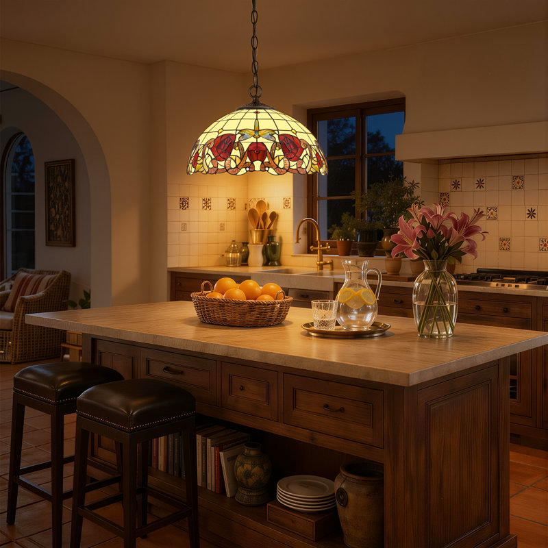 Luminaire suspendu avec abat-jour en verre coloré de 16 pouces, 2 douilles E26 et chaîne de suspension réglable de 59 pouces pour îlot de cuisine