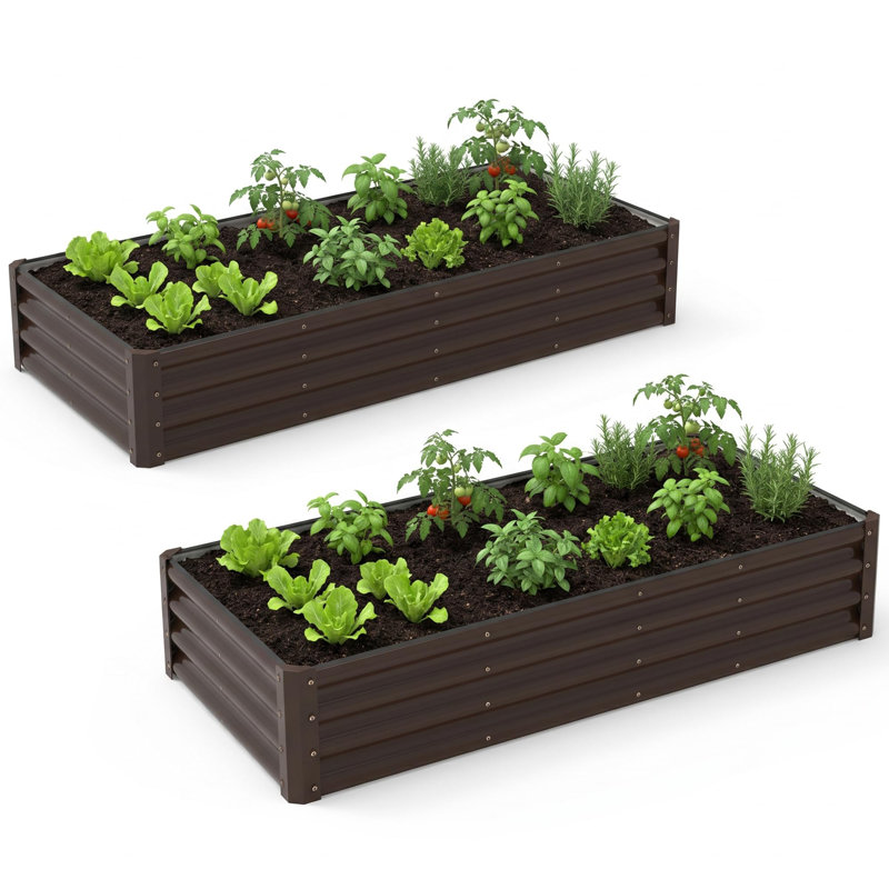 2-Pack 6x3ft Galvanized Steel Raised Garden Beds, Natural Wood Color Rectangular Planter, Open Bottom, Brown