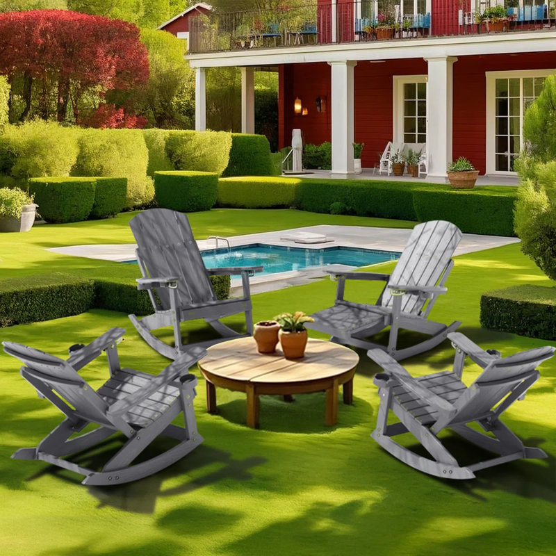 Ensemble de 2 chaises Adirondack d'extérieur avec repose-pieds, dossier réglable à 5 positions et repose-pieds escamotable, chaise berçante de patio à haut dossier, matériau HISC robuste avec finition grain de bois, capacité de poids de 400 lb, gris