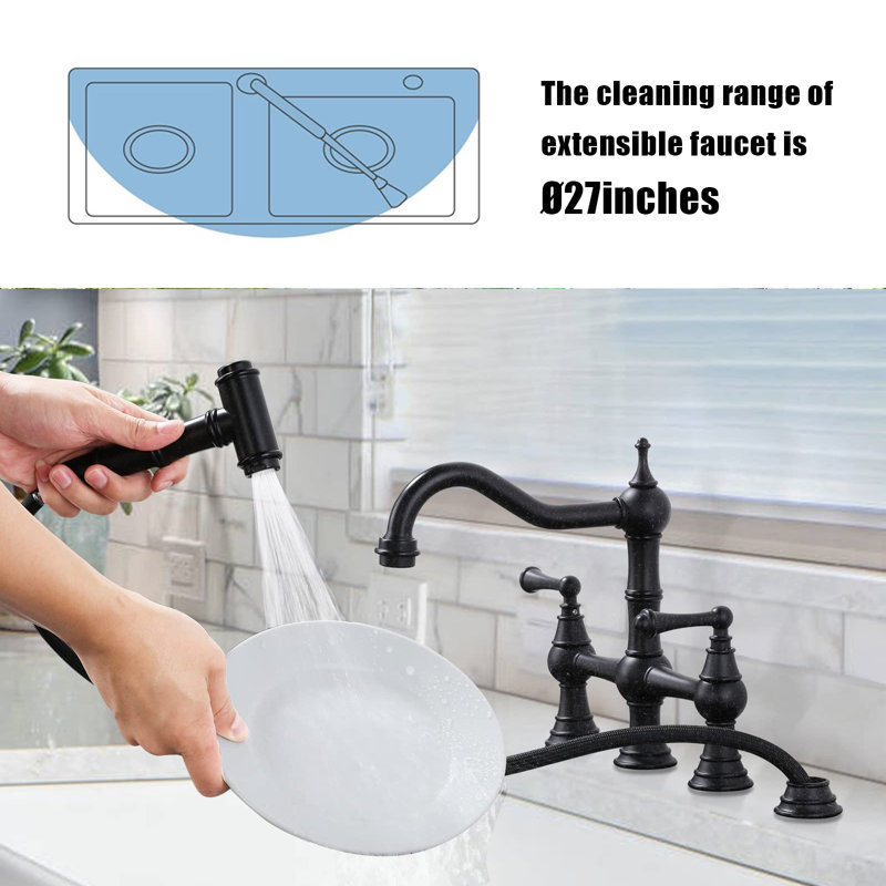 Side Spray Kitchen Faucet, 4-Hole Faucet, 2-Handle Faucet, Vintage Country Kitchen Sink Faucet, Black