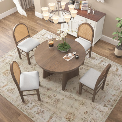 Ensemble de table de salle à manger 5 pièces pour 5 personnes - Ensemble de table de salle à manger extensible rétro avec 4 chaises rembourrées, table de cuisine et ensemble de chaises pour salle à manger et cuisine, noyer
