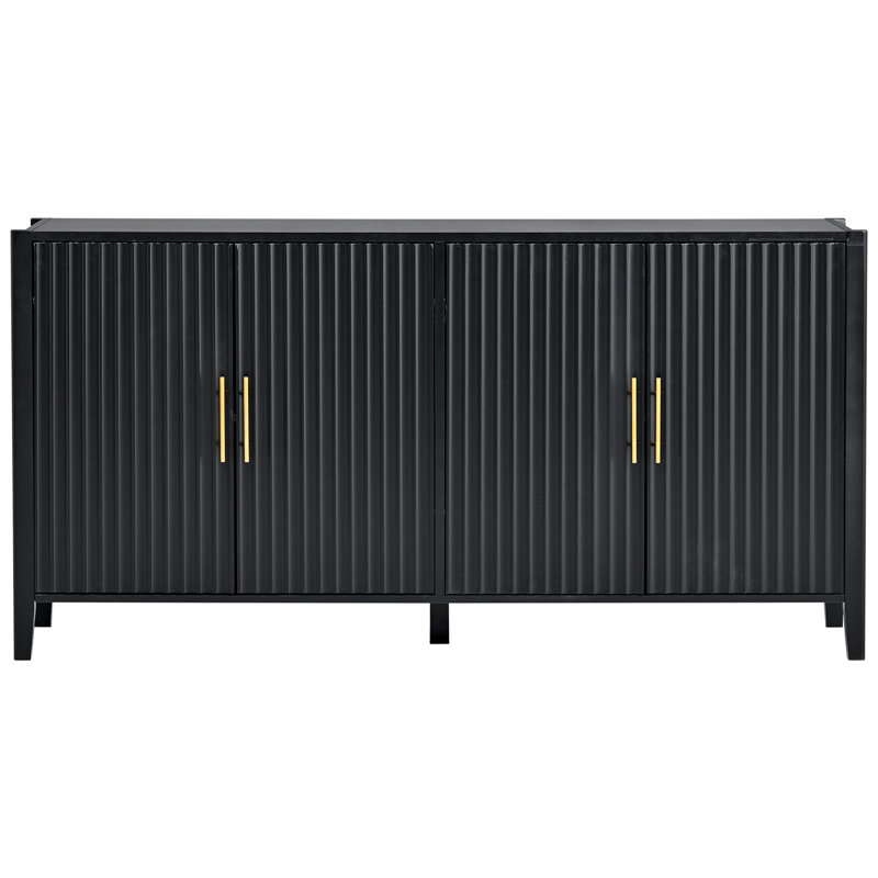 Buffet de rangement décoratif, motif ondulé, poignées en métal, bois massif noir avec portes, pour la maison,