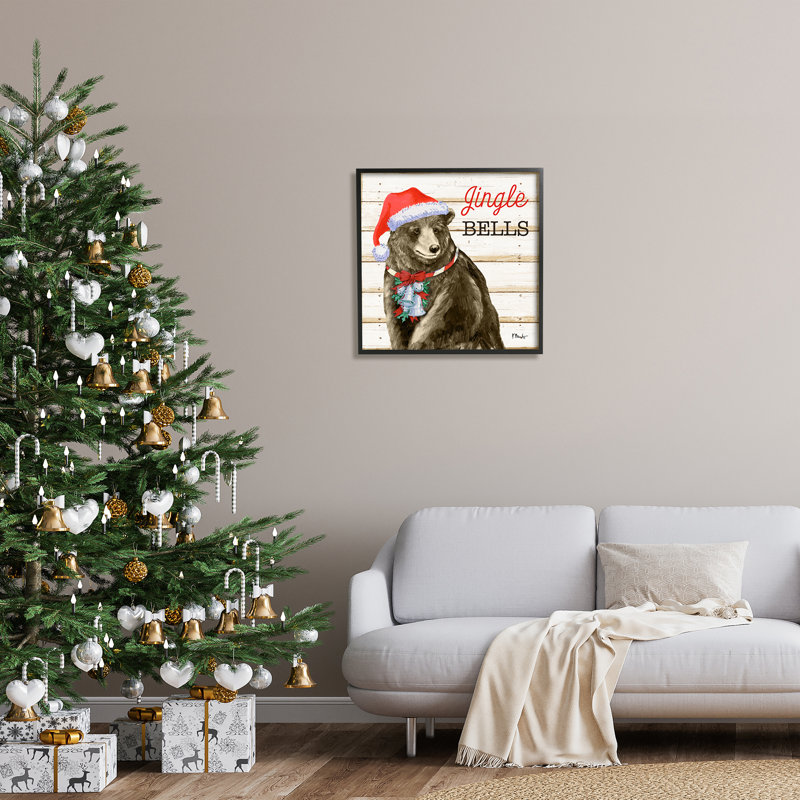 Rustic Jingle Bells Bear par Paul Brent, H 24 po x l 24 po x P 1,5 po, Giclée encadrée noir minuit