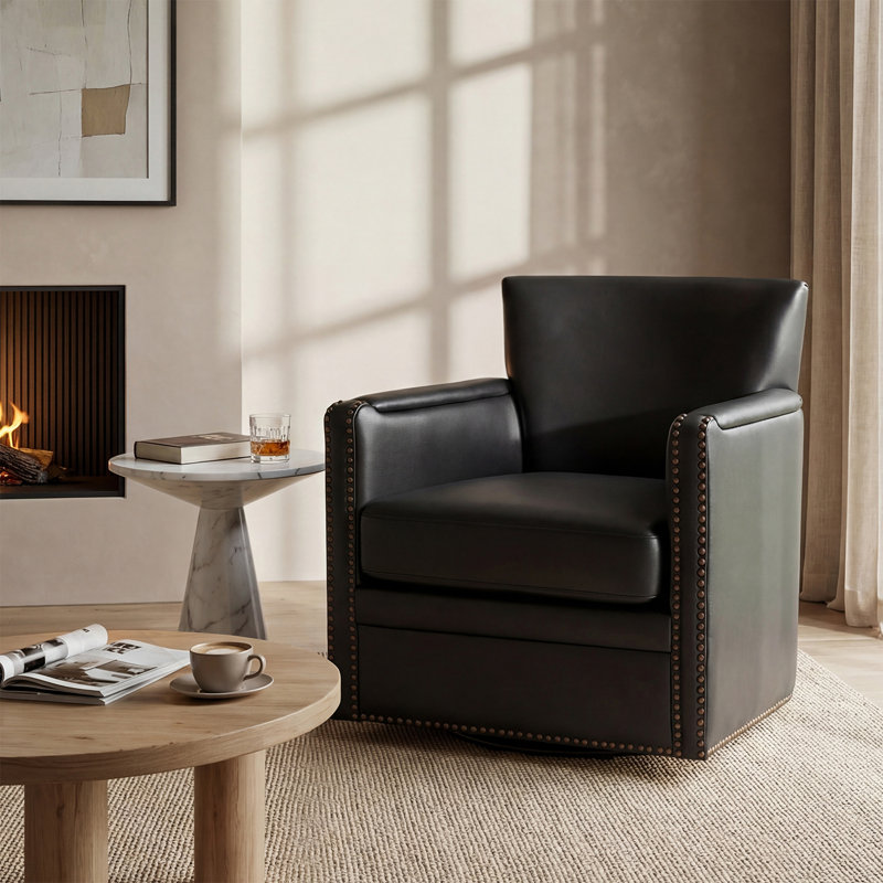 Fauteuil club pivotant en cuir véritable Arsim, Cuir véritable noir