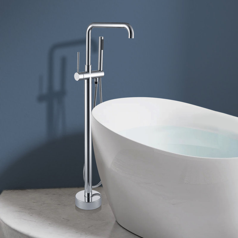 Topcraft Single Handle Floor Mounted Freestanding Tub Faucet with Handheld Shower, Chrome, Chrome