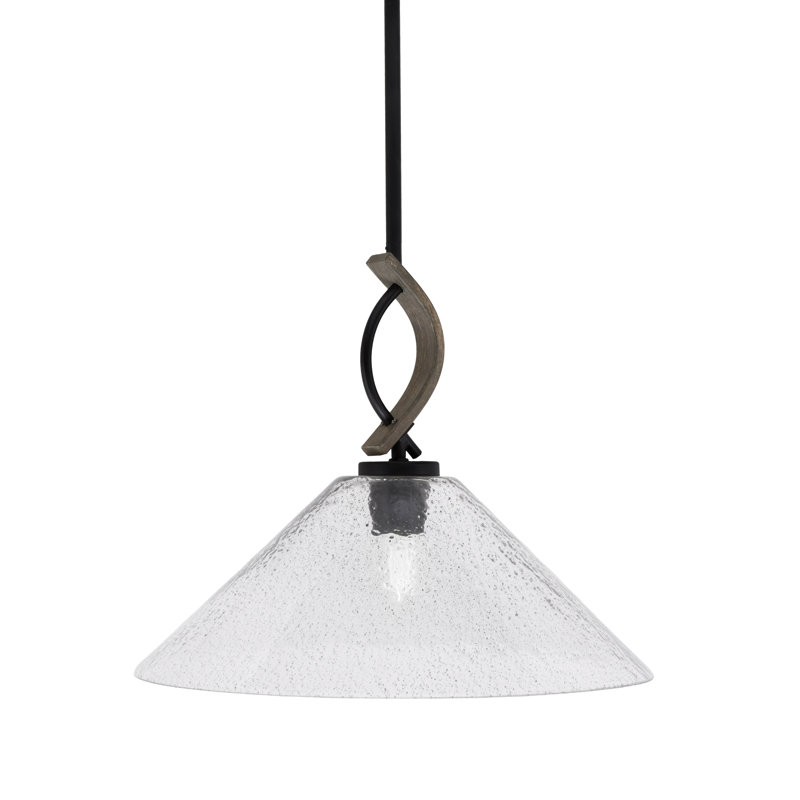 Mini-luminaire suspendu avec tige Hallmann illustré en verre, H 13,25 po x l 16 po x P 16 po, Noir mat / bois patiné peint