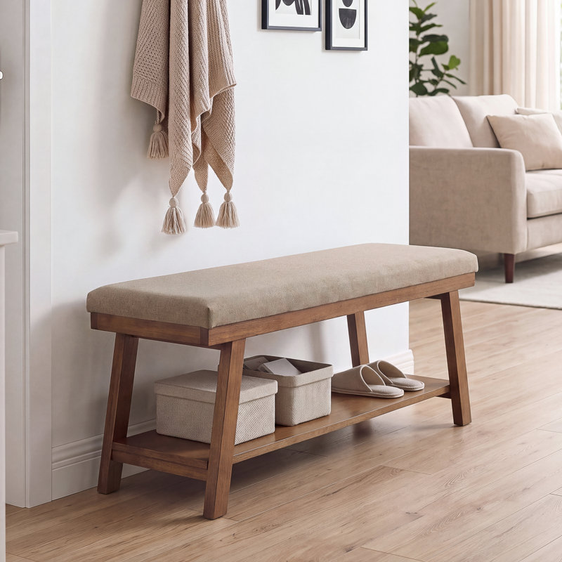 Banc rembourré en lin avec tablette de rangement - capacité de 350 lb, banc de bout de lit moderne avec siège rembourré