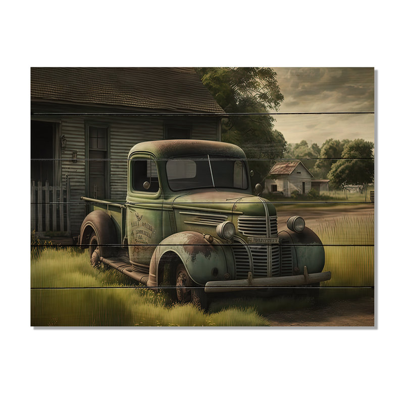 Vert vieux camion à la grange - Art mural bois de campagne / bois de pin naturel, L 32 po x H 16 po x P 1 po