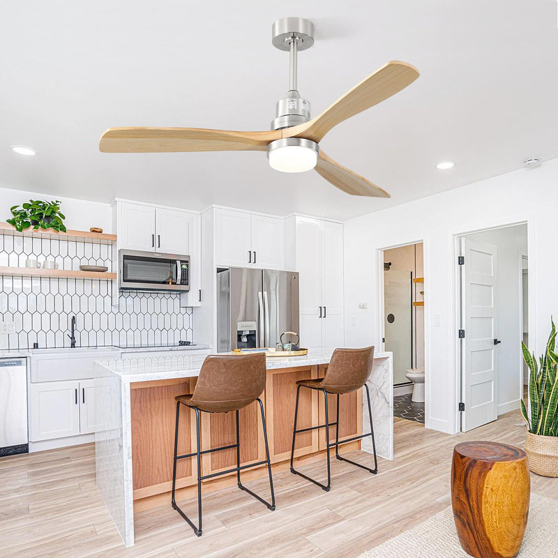 Indoor 52 Inch Ceiling Fan With Dimmable Led Light 6 Speed Remote 3 Wood Blade Reversible DC Motor For Bedroom, Natural